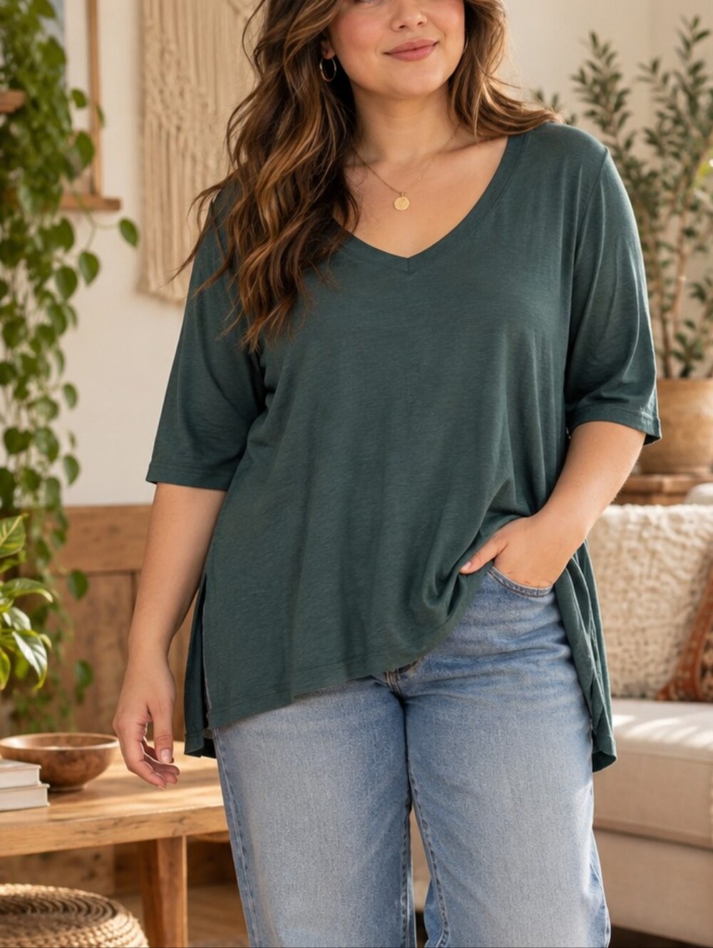 Tahari Women’s 1X Olive Green V-Neck Tunic Top 3/4 Sleeve High Low